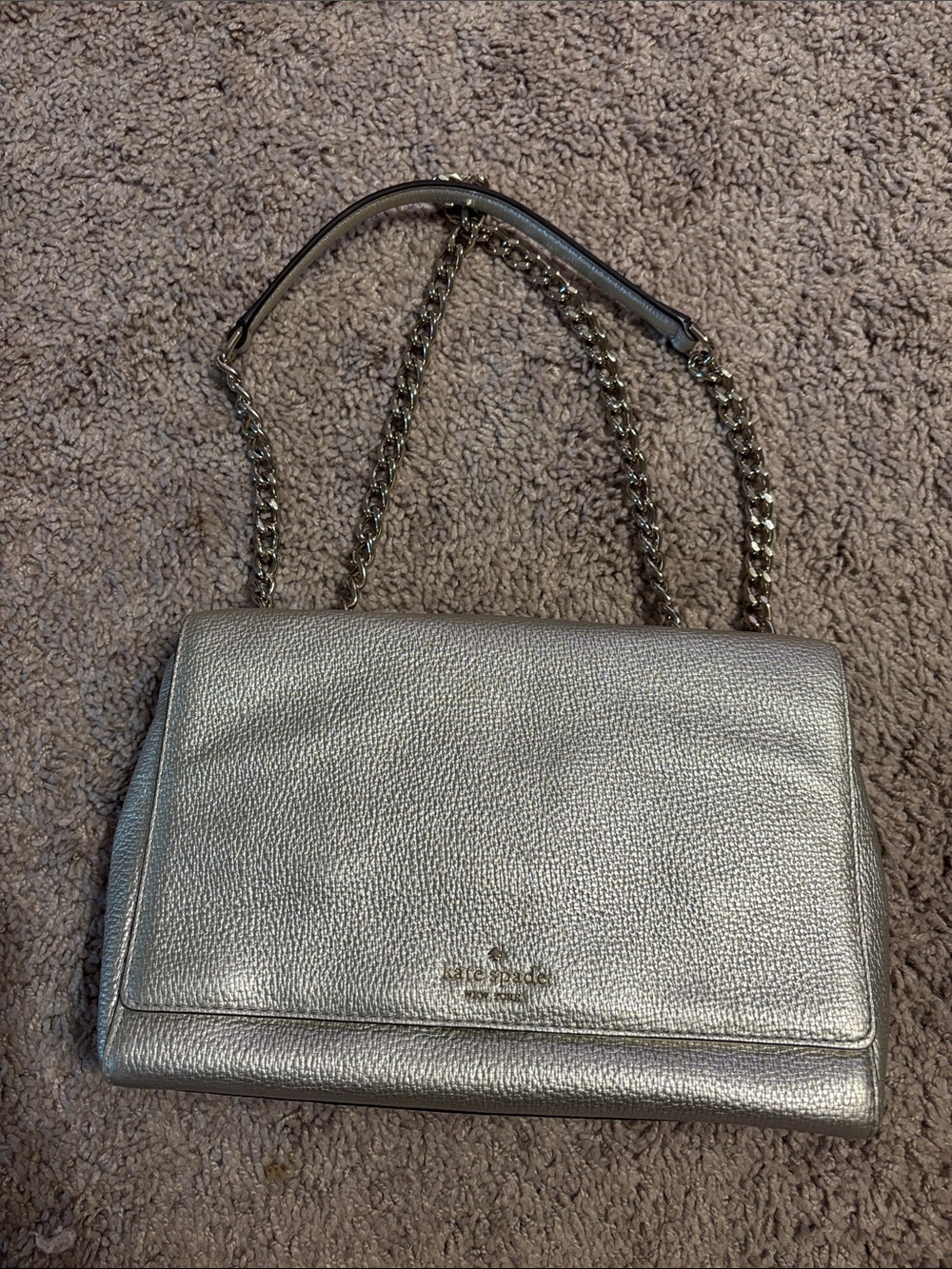 kate spade Metallic Silver Pebbled Leather Chain Shoulder Bag